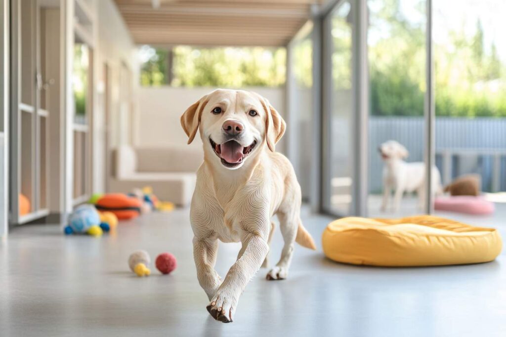 Staff supervise calm dogs playing in a clean indoor daycare room with gates, water, and separate rest areas.